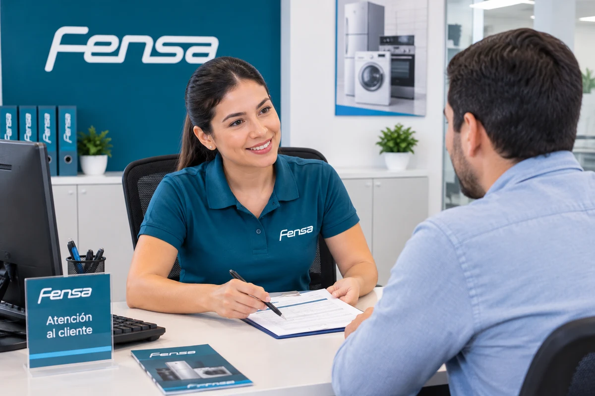 Asesora Fensa atendiendo a un cliente en el mesón