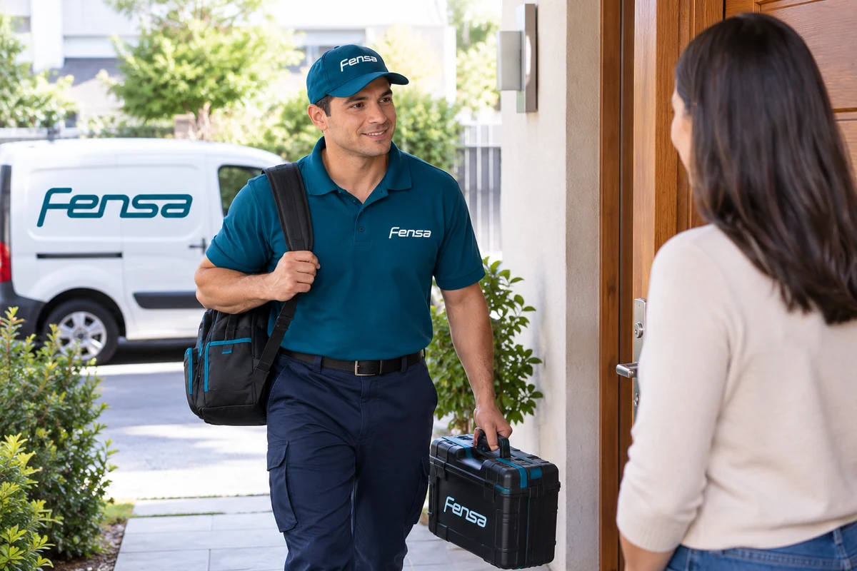 Técnico Fensa llegando a un domicilio con su equipo de trabajo
