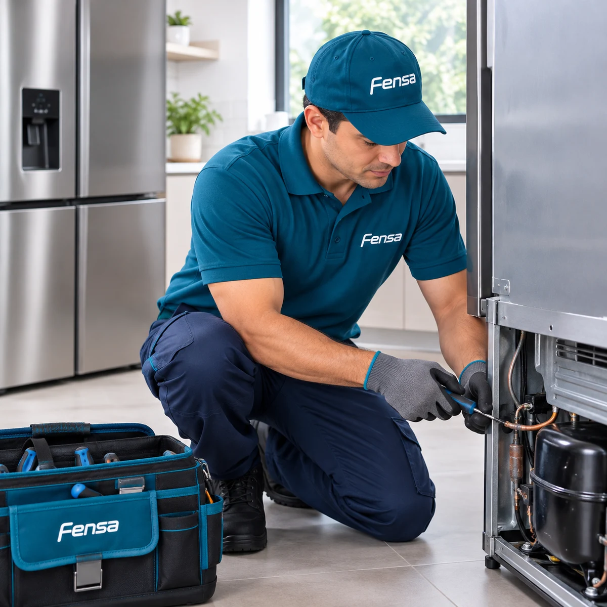 Técnico Fensa reparando un refrigerador